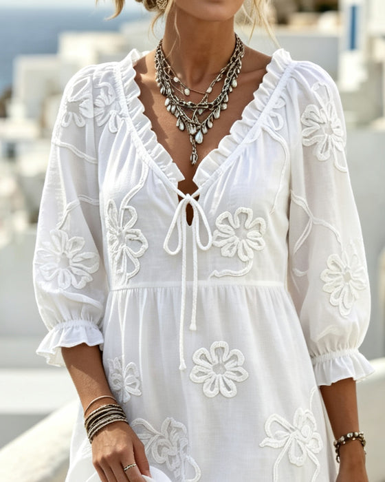 Kjole V-Hals Ruffle 3D Blomstret