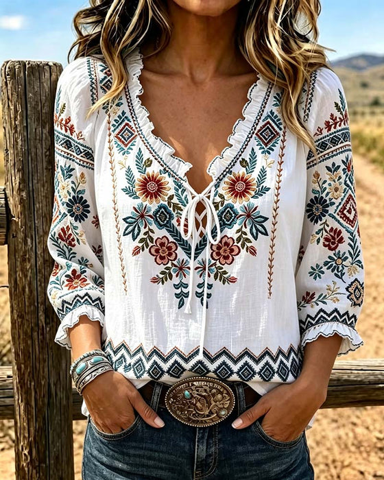 Bluse V-Hals Bohemian Ruffle