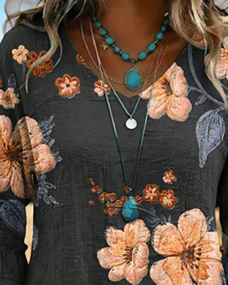 Bluse V-Udskæring Vintage Blomstret Loose Fit