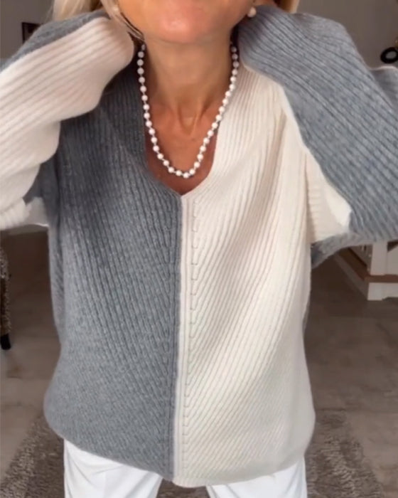V-hals farveblok sweater