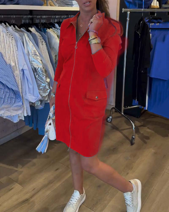 Kjole Revers Ensfarvet Lynlås Lang Ærme