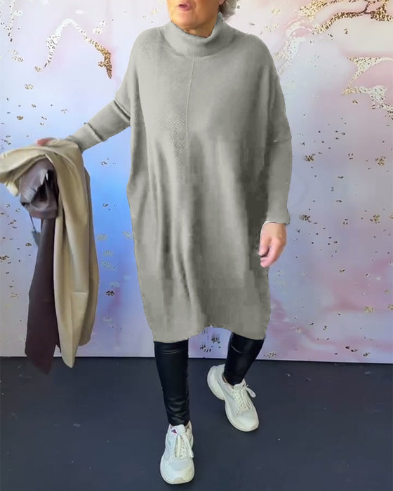 Afslappet ensfarvet langærmet pullover med høj krave