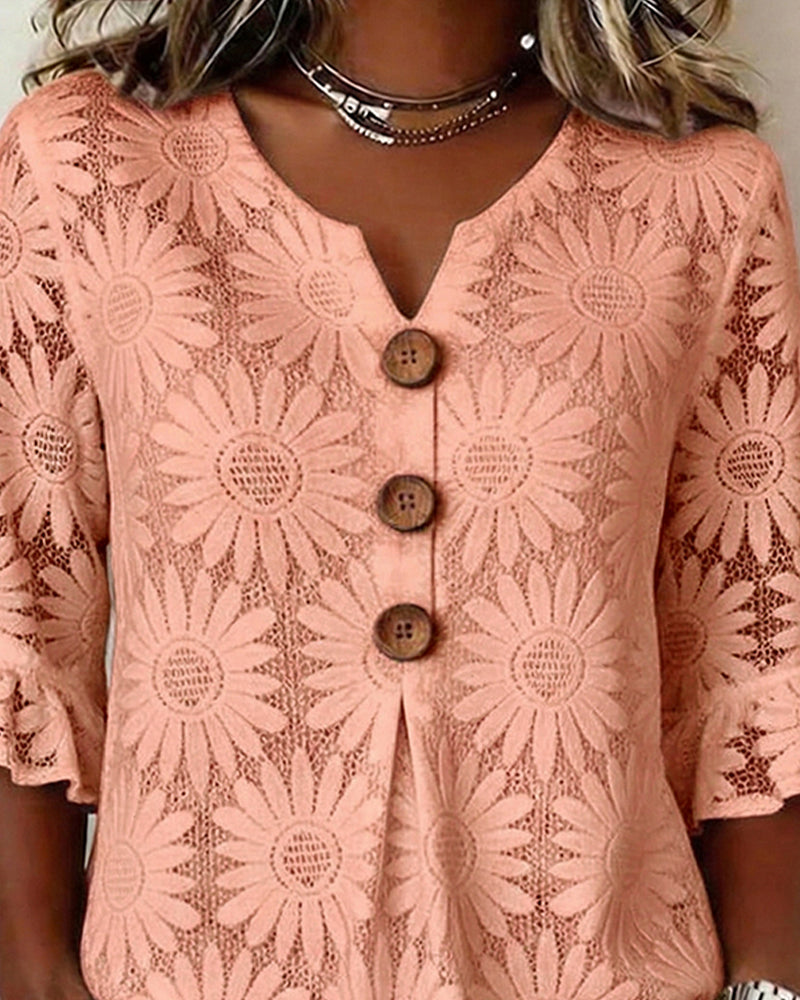 Bluse Med Rynket Tusindfrydmønster Og Rynkeærmer