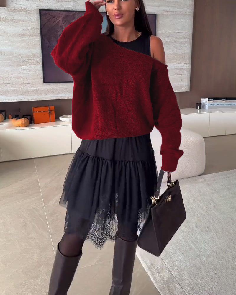 Off-Shoulder Løstsiddende Sweater & Blonder Kant Kjole