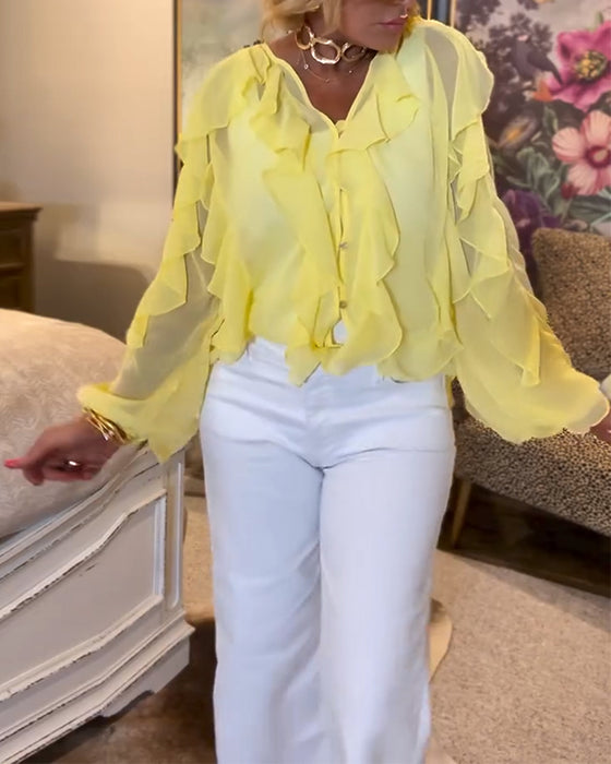 Luftig Ensfarvet Skjorte Med Flæser