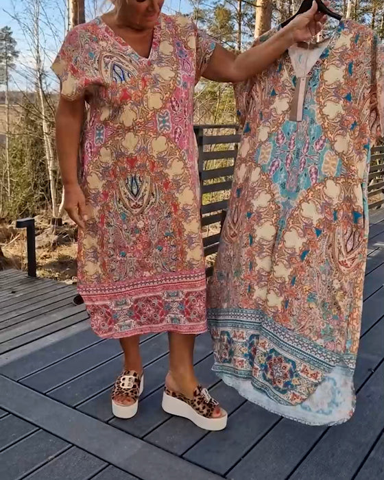 Kjole V-Hals Korte Ærmer Mønstret Løs