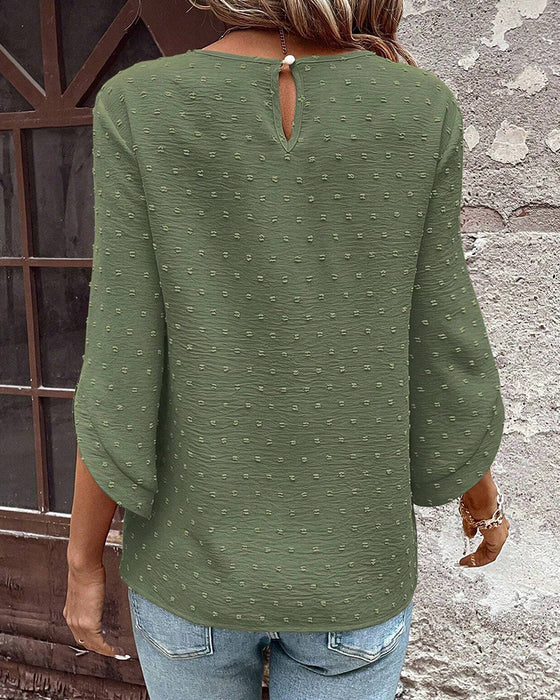 Bluse Rund Hals Jacquard Enfarvet