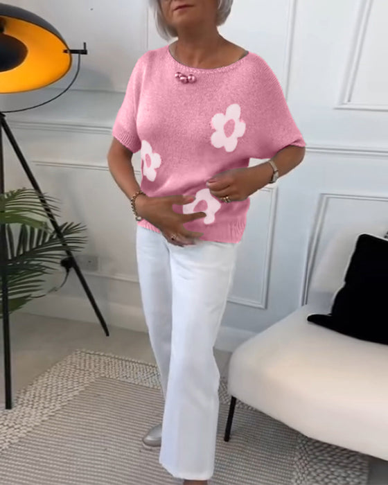 Slim fit striktrøje med rund hals og blomstermotiver