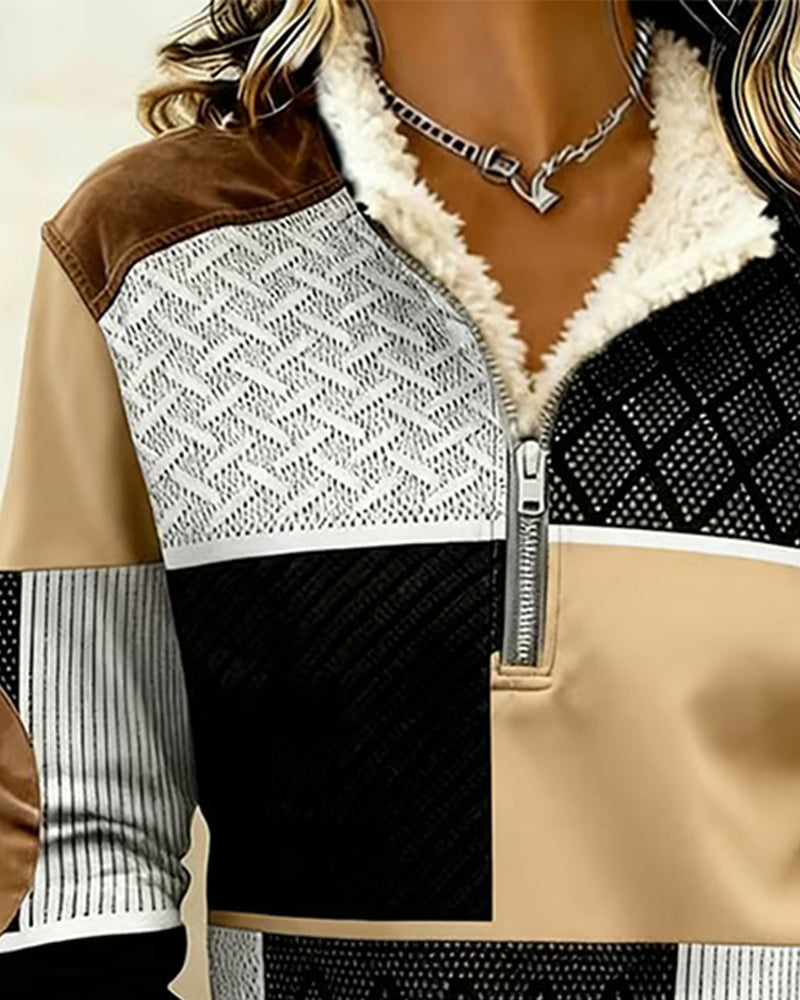 Sweatshirt Halv Lynlås Fleeceforet Farveblok