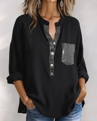 Casual Top Paillet Patchwork Løs
