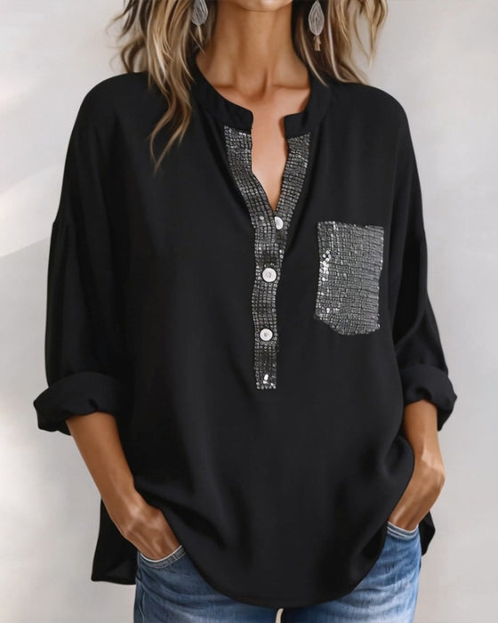Casual Top Paillet Patchwork Løs