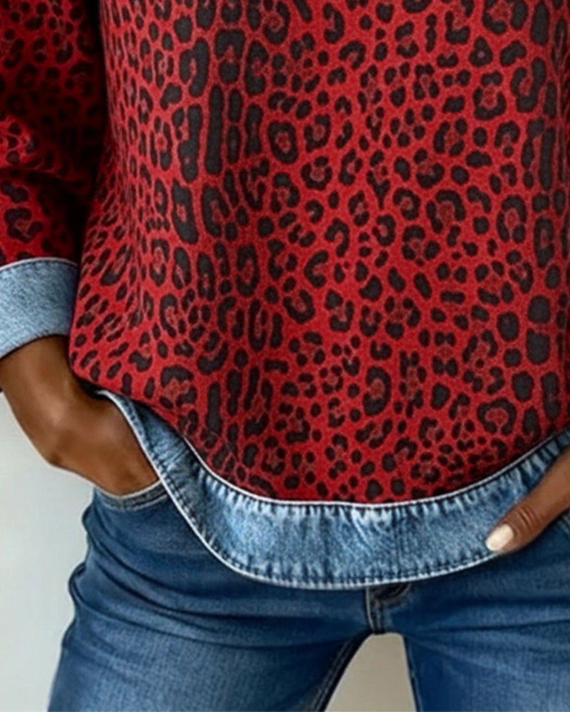Sweatshirt Leopardtryk Denim Patchwork