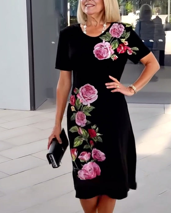 Kjole Korte Ærmer Rosetryk Shift