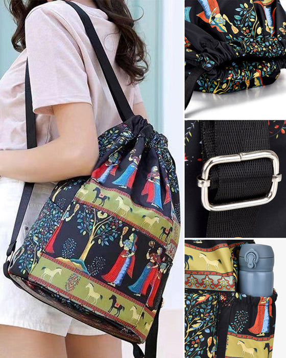 Skuldertaske i etnisk stil med træksnor