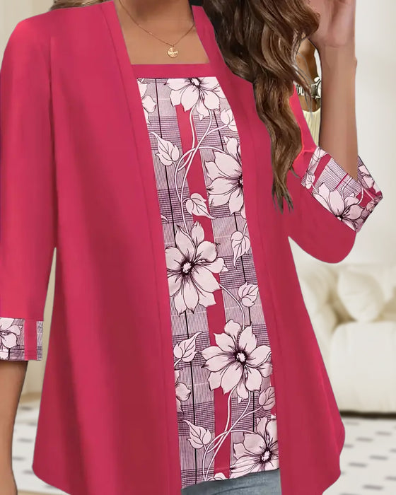 Printet Top Med Lange Ærmer Falsk Todelt Design