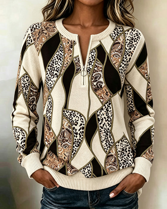 Sweatshirt Rund Hals Lynlås Leopardmønster Patchwork