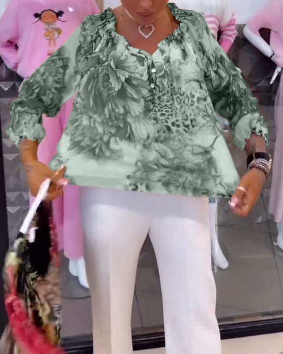 Bluse Med V-Hals Blomsterprint