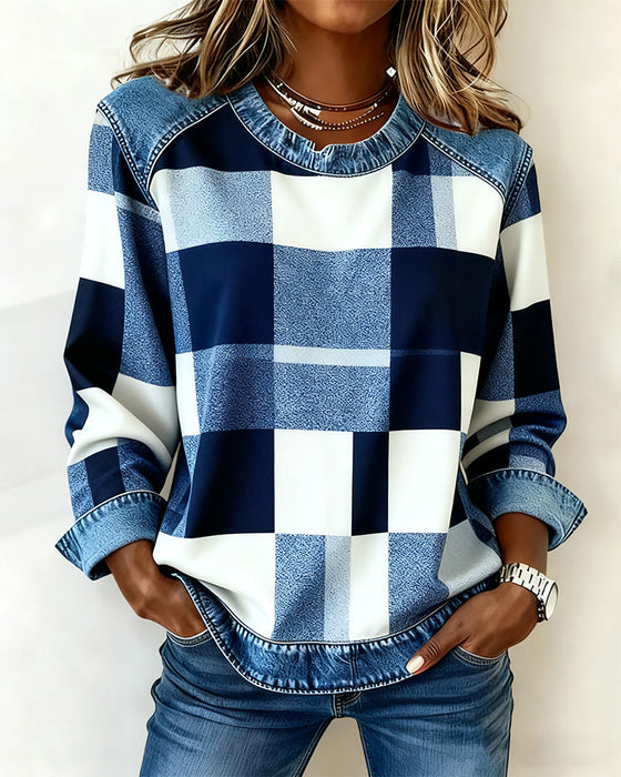 Sweatshirt Med Ternet Patchwork Og Kontrastfarve