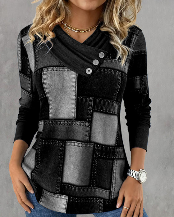 Langærmet Top Med V-Hals Og Kontrast I Ensfarve