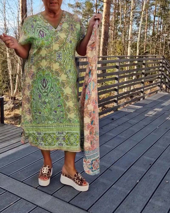 Kjole V-Hals Korte Ærmer Mønstret Løs