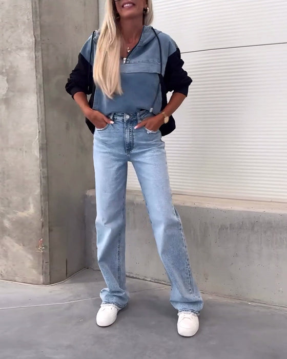 Patchwork denim hættetrøje med lynlås