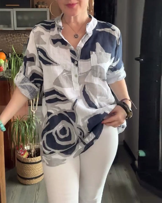 Bluse afslappet standkrave trykt