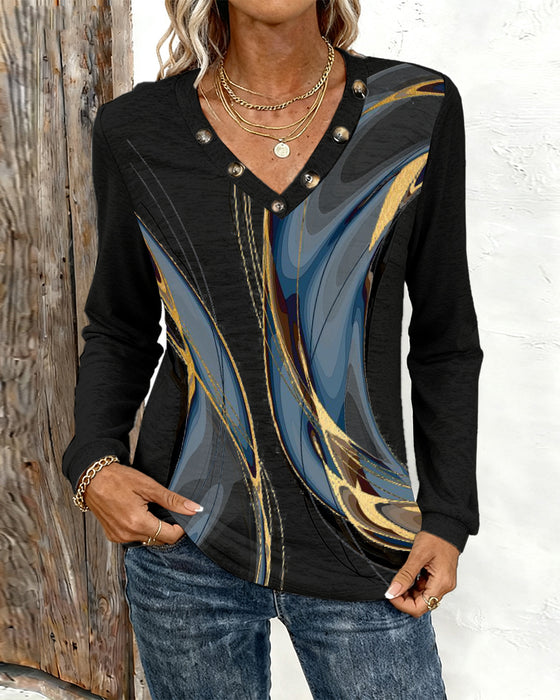 Trykt Casual Top Med V-Hals Og Lange Ærmer