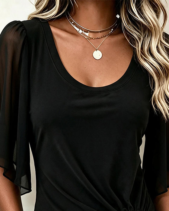 Bluse U-Hals Ensfarvet Casual