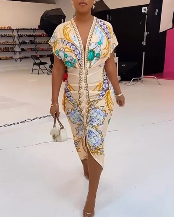 Gul slim fit kjole med print