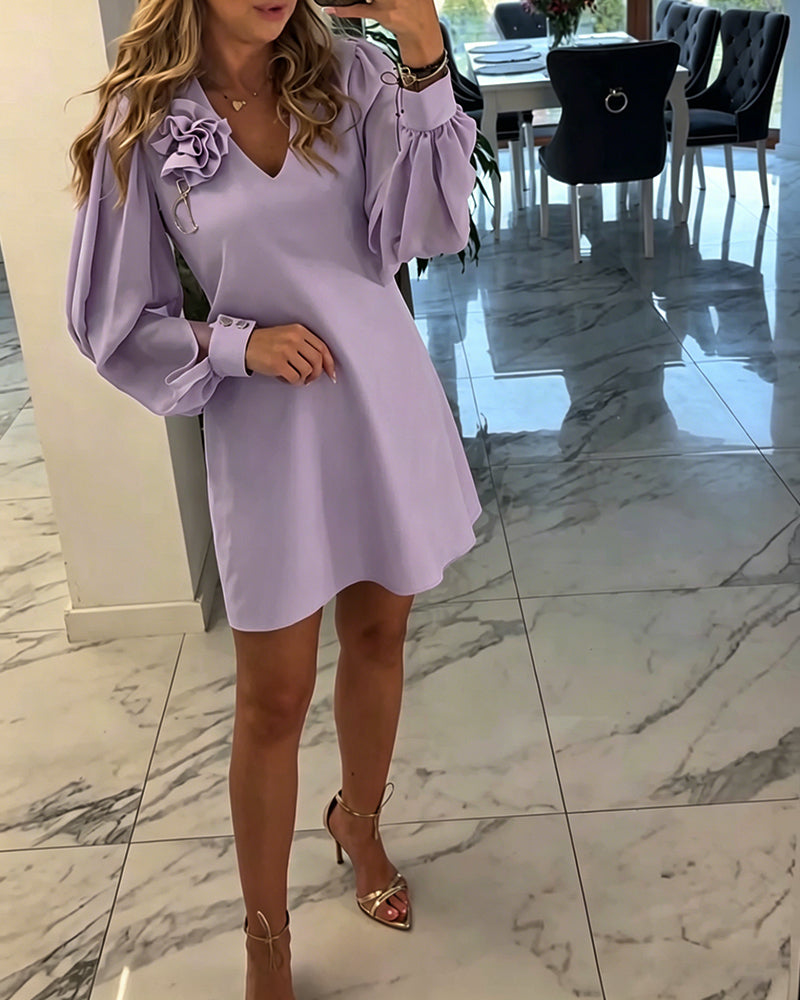 Kjole Tredimensionel Blomst V-hals Lygte Ærme