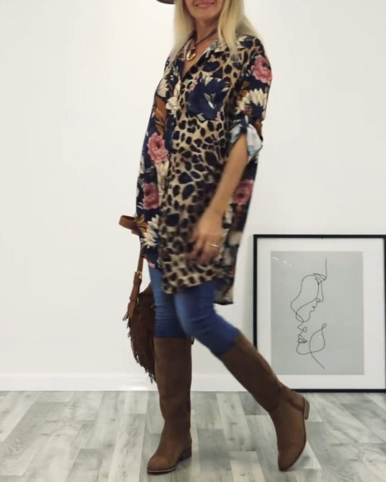 Revers patchworkskjorte med leopardprint