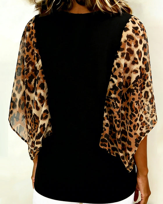 Bluse Flagermusærme Leopardprint Patchwork