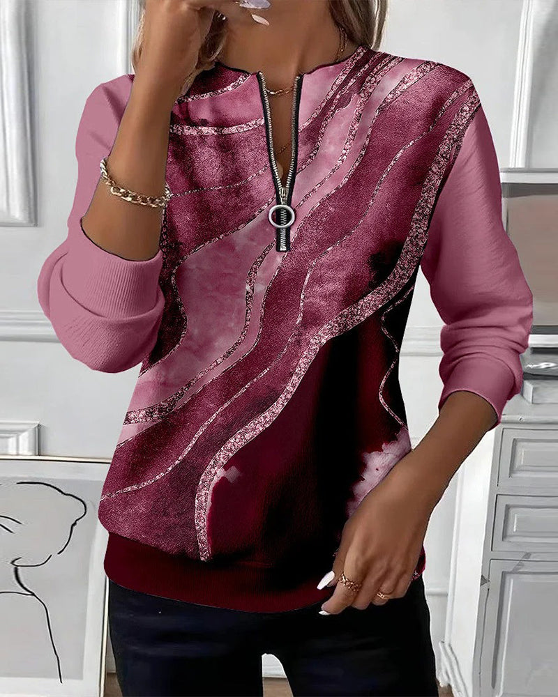 Sweatshirt Med Halv Lynlås Og Vintageprint