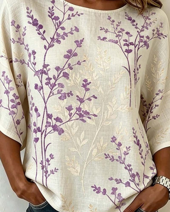 Bluse Rund Hals Patchwork Løs