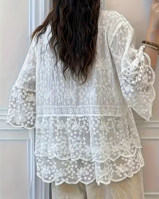Bluse Kort Ærme Blonder Trim
