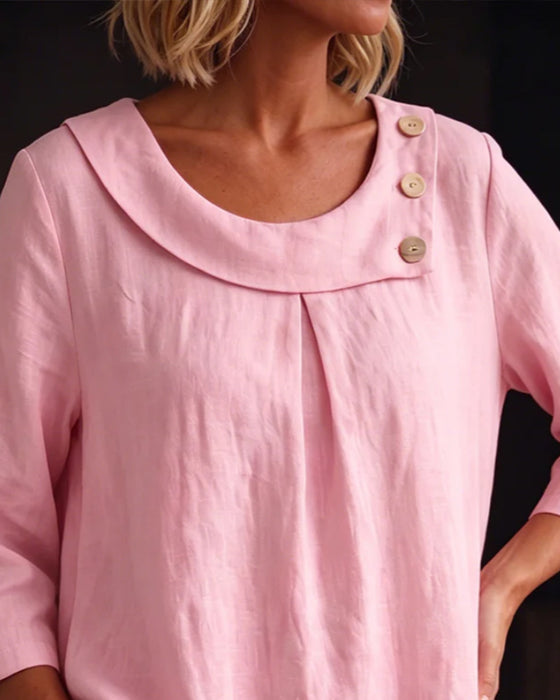 Bluse Rullet Kant Rund Hals Knap Løstsiddende