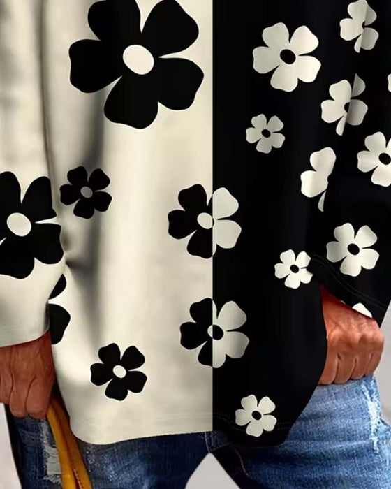 T-Shirt V-Hals Blomstret Farveblok Løs
