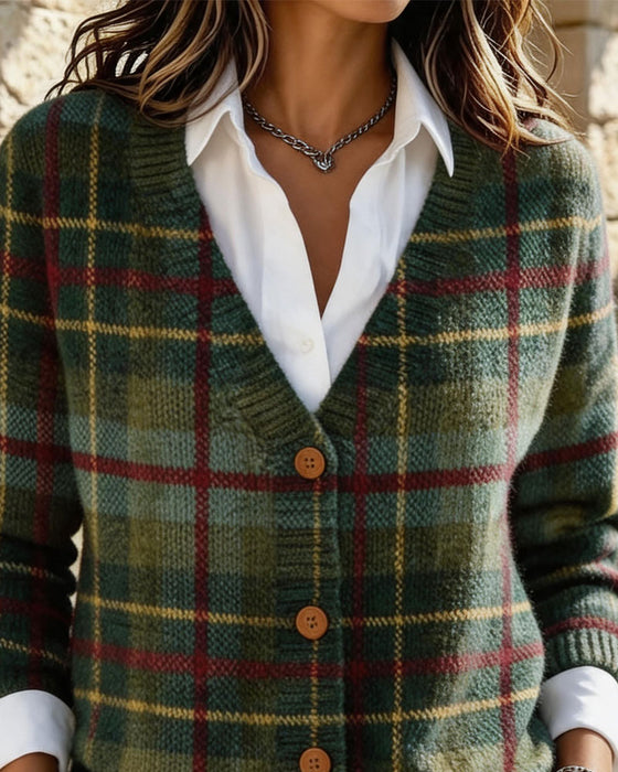 Cardigan Vintage Rutemønster V-Hals Knap