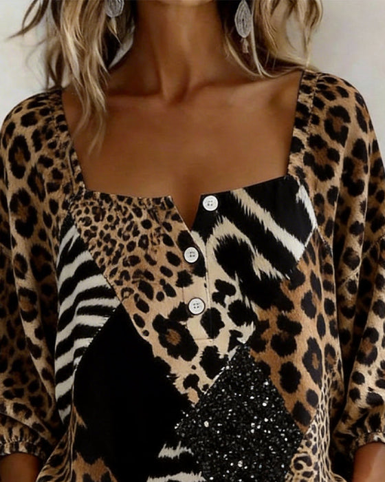 Bluse Firkantet Hals Leopardprint Patchwork Paljet