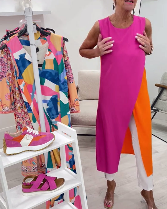 Bluse Uden Ærmer Kontrastfarve Slids Lang