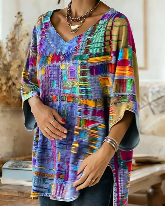 Bluse Med Farverigt Geometrisk Print Og Vide Ærmer
