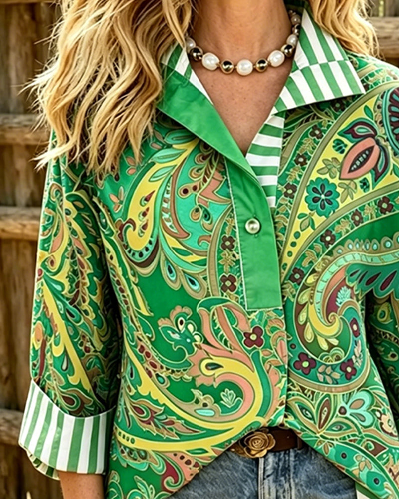 Bluse Patchwork Blomstrende Tryk Casual
