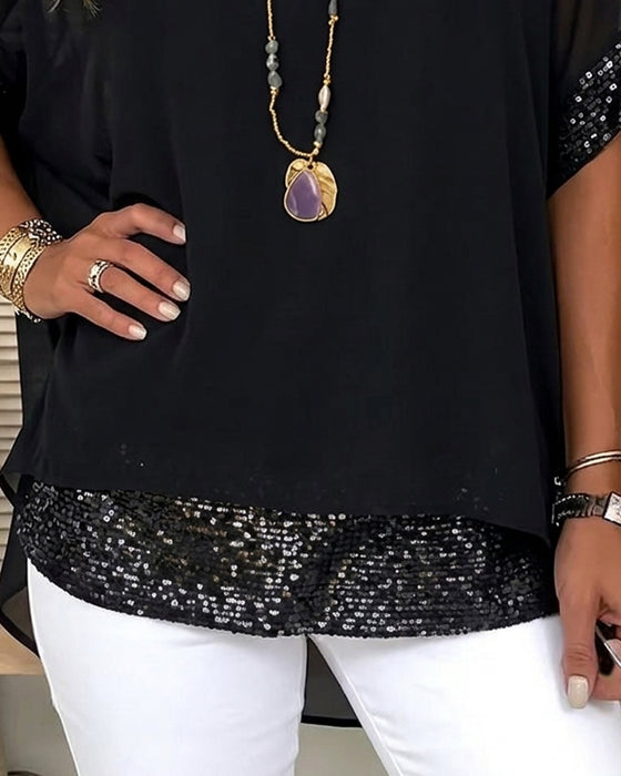 Bluse Paliet Patchwork Sheer Løs