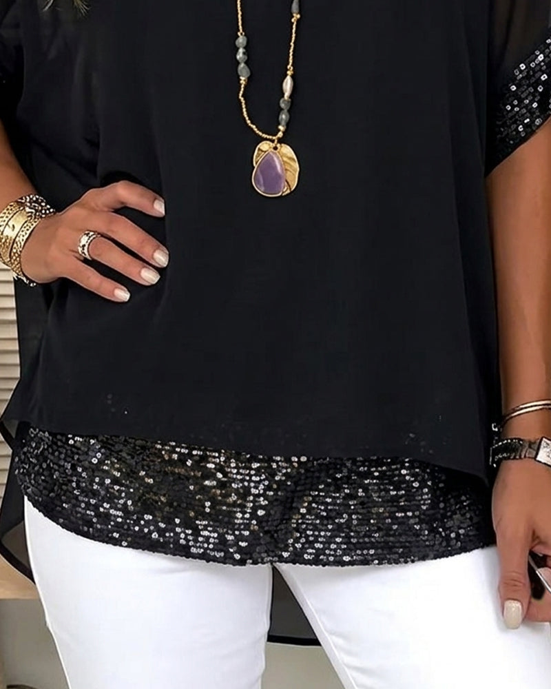 Bluse Paliet Patchwork Sheer Løs