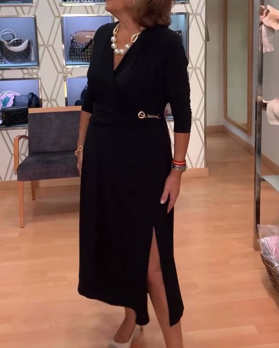 V-hals Tætsiddende Talje Slids Kjole