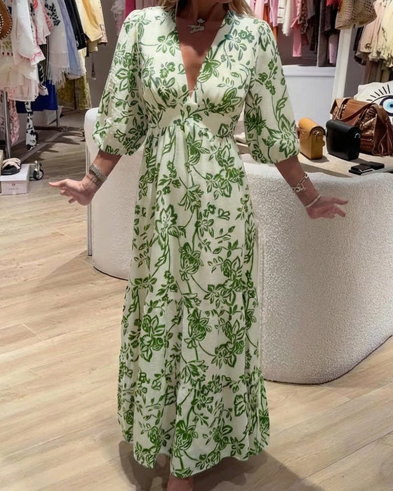 Kjole Dyb V-Hals Elegant Blomstret Lang
