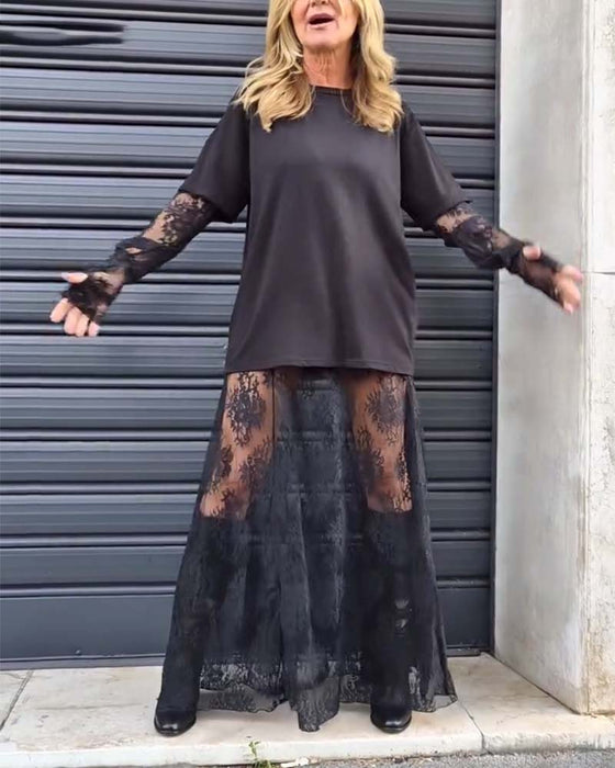 Todelt sæt - Sort top med blondeærmer og blondenederdel