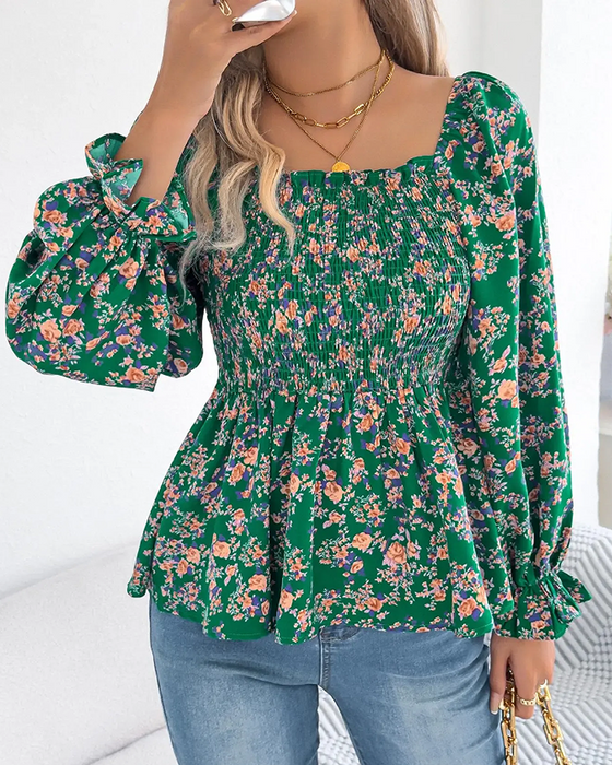 Bluse Firkantet Hals Rynket Blomstret Ruffle