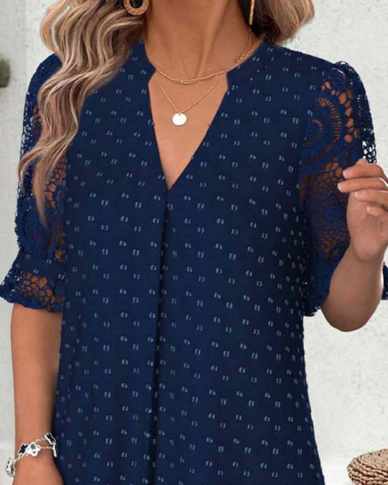 Kjole V-Hals Tryk Blonder Patchwork A-Linje