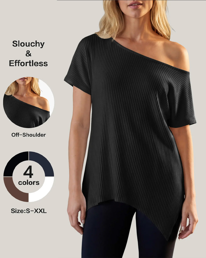 T-Shirt Uregelmæssig Off-Shoulder Kort Ærme Ribbet